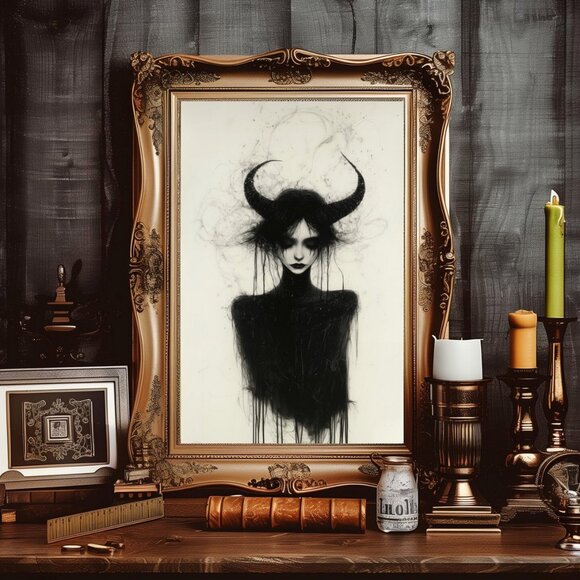 Original Girl With Horns Art Print + Digital Copy, Paint Drip Sketch - Picture 6 of 8